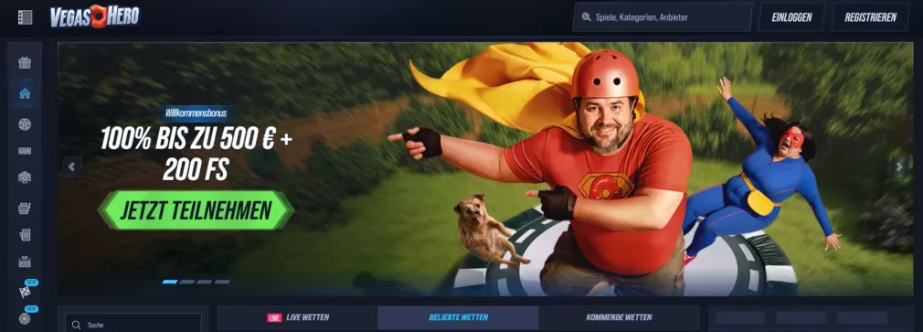 Vegashero Casino – 100% bis 500 € Bonus + 200 Freispiele für neue Spieler